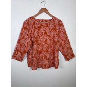 Chico's Leaf Print 3/4 Sleeve Top Relaxed Fit‎ Blouse Carmel Brown White XL